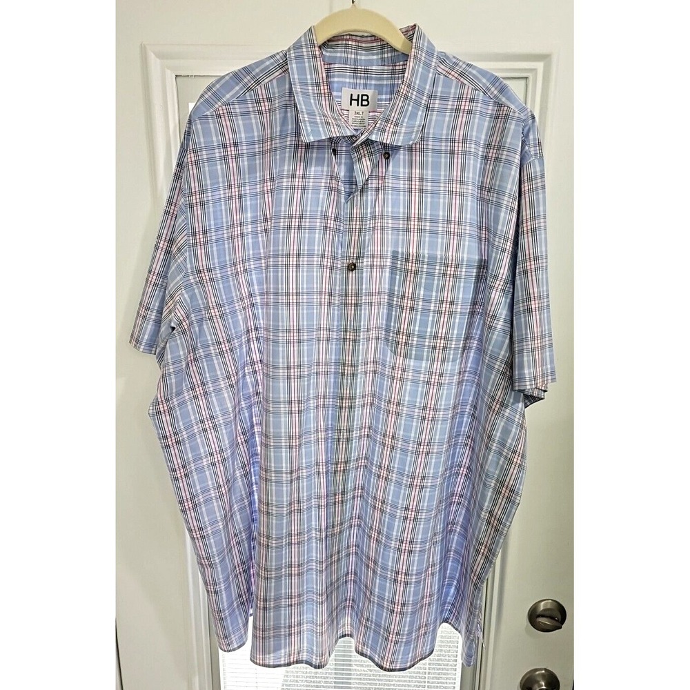 Harbor Bay Shirt Men's 3XLT Blue White Plaid Button up Short Sleeve tall casual